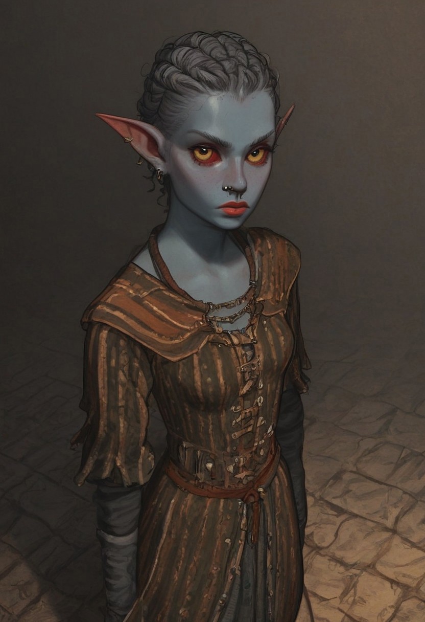 safe_pos, solo, short pointy ears, piercings, random elf face, aquiline features, female dark elf, brow rings, nose rings, beaded piercings, weathered skin, large nose, insect chitin armor, insect chitin helmet, insect chitin ornaments, stylized insect pattern, athletic build,  animated realism, zoomed out, Syrian features, torso, brass pipes and gears, intricate architecture, dwarven masonry, dwemer fixtures, white-green light, gloomy lighting, ancient ruins, interior, stone tiled floor, grey-blue skin, mahogany and ivory clothes, medium armor, bone plate armor, ivory straps and fittings, alien bone ornaments, grey wood neckguard, red sclera, black pupils, blue-green light, neon, highly detailed, defined features, looking at viewer, three quarters view, from above, dynamic lighting, 19 years old, light and shadows, patterned cloth, annoyed expression, expressive eyes, detailed medieval clothes, medium_breasts, short hair, wavy hair, thick hair, beaded hair, braided hair, under cut hair, semirealistic, alien elf, spanish features, jewish features, white grey hair, dark red hair, umber skin, sharp features, pastel green inuit print cloak, nighttime, high detail, absurdres, pretty eyes, detailed eyes, yellow eyes,
