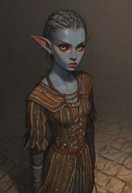 safe_pos, solo, short pointy ears, piercings, random elf face, aquiline features, female dark elf, brow rings, nose rings, beaded piercings, weathered skin, large nose, insect chitin armor, insect chitin helmet, insect chitin ornaments, stylized insect pattern, athletic build, animated realism, zoomed out, Syrian features, torso, brass pipes and gears, intricate architecture, dwarven masonry, dwemer fixtures, white-green light, gloomy lighting, ancient ruins, interior, stone tiled floor, grey-blue skin, mahogany and ivory clothes, medium armor, bone plate armor, ivory straps and fittings, alien bone ornaments, grey wood neckguard, red sclera, black pupils, blue-green light, neon, highly detailed, defined features, looking at viewer, three quarters view, from above, dynamic lighting, 19 years old, light and shadows, patterned cloth, annoyed expression, expressive eyes, detailed medieval clothes, medium_breasts, short hair, wavy hair, thick hair, beaded hair, braided hair, under cut hair, semirealistic, alien elf, spanish features, jewish features, white grey hair, dark red hair, umber skin, sharp features, pastel green inuit print cloak, nighttime, high detail, absurdres, pretty eyes, detailed eyes, yellow eyes,