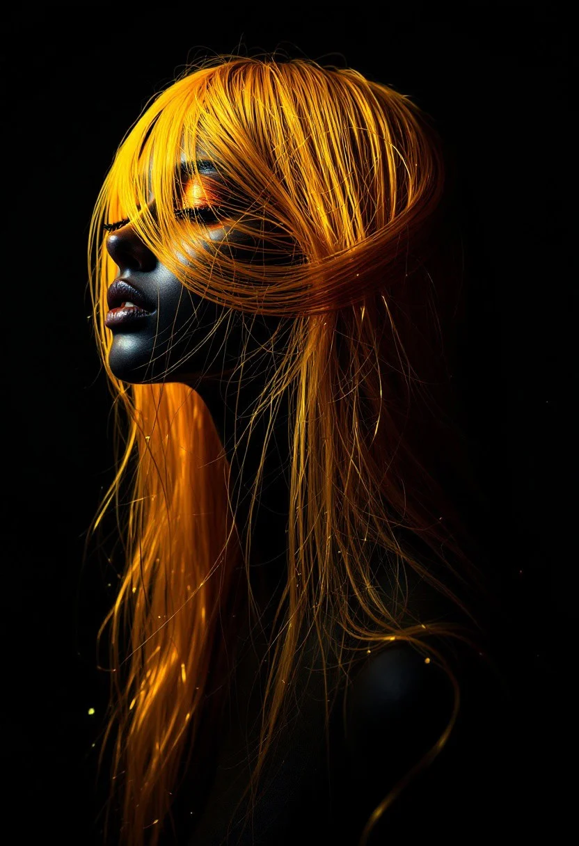 string art, black background, long golden thin hair, surrealism, suprematism, fluorescent, highly detailed, sharp focus, professional photoshoot, chiaroscuro lighting, masterpiece, hyper-realistic