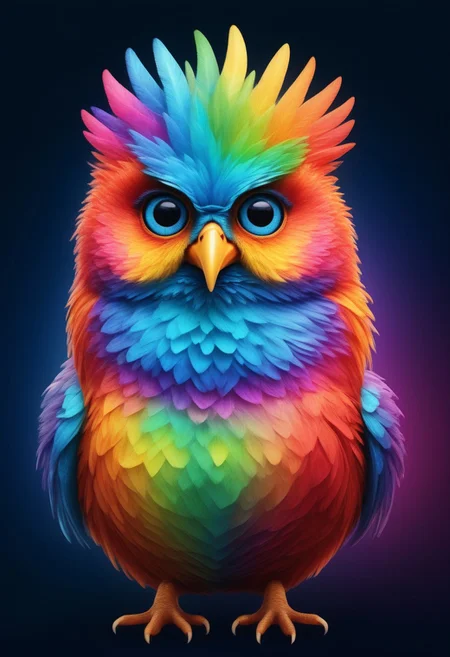a cute chibby chicken mixed with a owl with big rainbow eyes made out of rainbow fractangles, it wears a cool rainbow bandana, very detailed, 4k, sharp