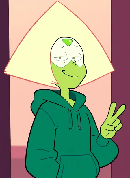 artist:, masterpiece, best quality, newest, very awa, absurdres, highres, sustl, 1girl, prdt, green skin, green forehead jewel, smirk, peace sign, green hoodie, daytime, detailed, <lora:SDXL\Illustrous\Steven-Universe-Style-Illustious:1.0>