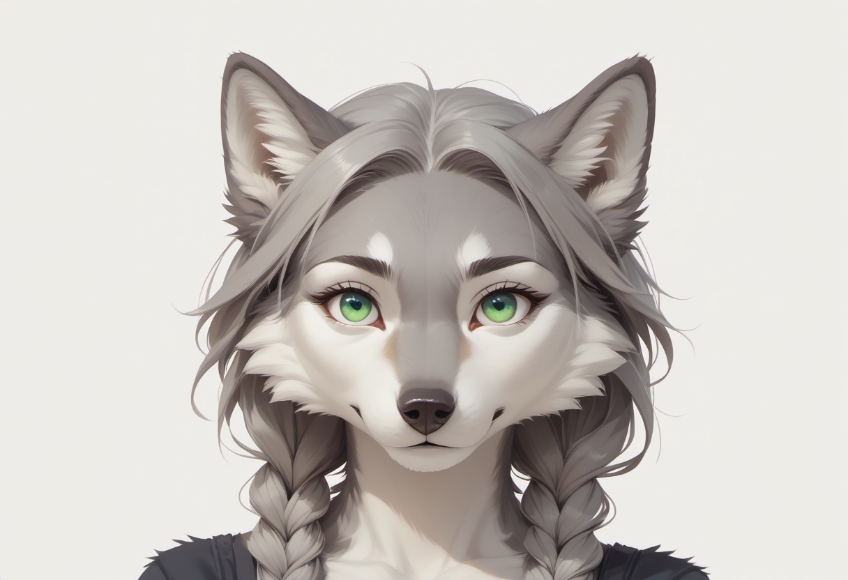 score_9, score_8_up, score_7_up, score_6_up, female Anthro, White Cheeks, gray fur, green eyes, beautiful eyes, wolf tail, Gray Hair, Gray Twinbraids, adult female, eye focus, disambiguation