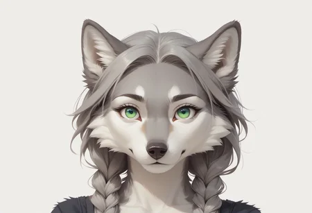 score_9, score_8_up, score_7_up, score_6_up, female Anthro, White Cheeks, gray fur, green eyes, beautiful eyes, wolf tail, Gray Hair, Gray Twinbraids, adult female, eye focus, disambiguation