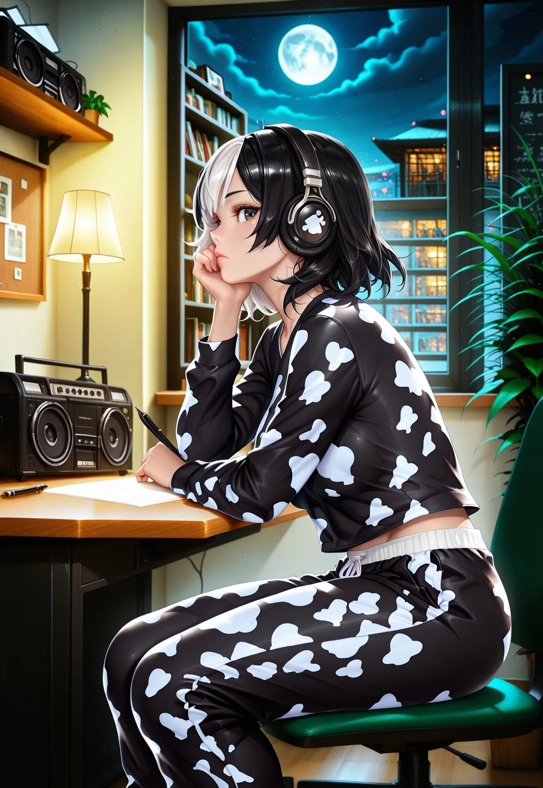 (invpa:1.2), solo, from side, sitting, at desk, headphones, writing, pen, head rest,
[holstein, split-color hair], medium hair, sideways glance, looking at viewer, long sleeves, sweatpants,
pensive, patterned clothes,
indoors, loaded interior, looking outside, night, moon,
plant, shelf, desk lamp, boombox, detailed background, photo background,
[neoartcore, aztodio],
masterpiece, best quality, absurdres, [dynamic pose]