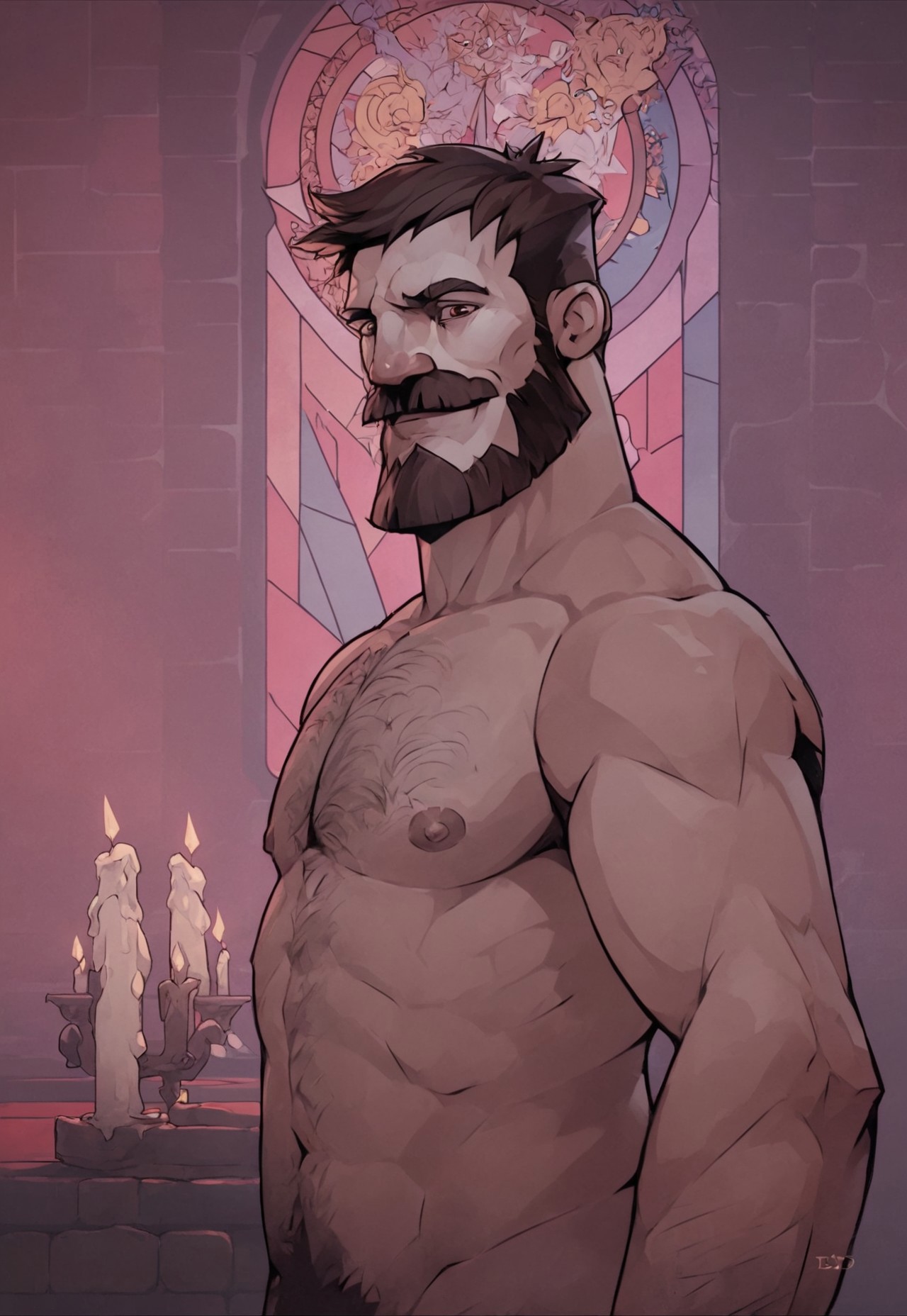 safe_pos, score_9, score_8_up, Persival, mustache, facial hair, brown eyes, cotehardie, upper body, muscular, (tomb, candles), stained glass, looking at viewer, smirk, smile, side view, nude, hairy, hairy chest, big pecs,