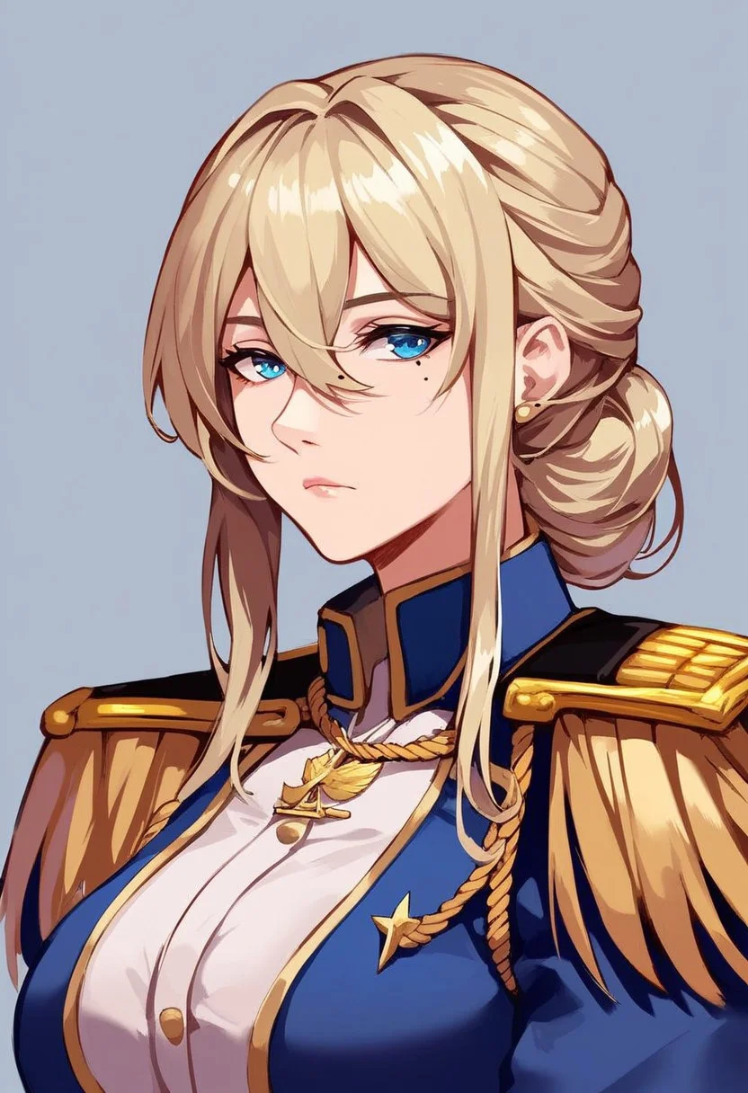 score_9, score_8_up, score_7_up, upper body portrait, BREAK blonde, hair intakes, long bangs, hair between eyes, radiant sharp blue eyes, mole under eye, tied up hair, victory wreath, military captain, military uniform, epaulettes, adult female, mature female, stoic expression, expressionless, simple background,