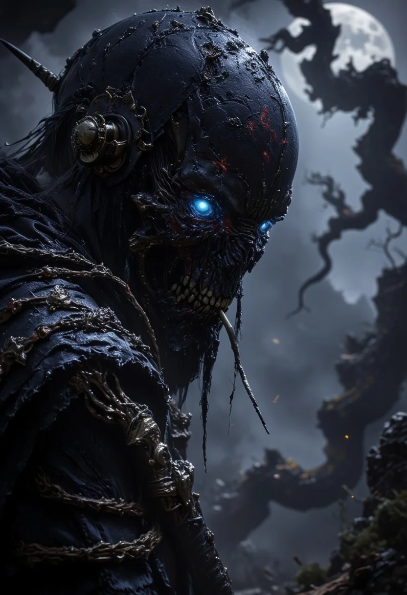 A hyper-close shot of a ronin samurai’s face, His hand rests on an unsheathed katana slung over his shoulder. most of it consumed by total darkness. Only his sharp, glowing blue eye and a clear, sinister smirk are visible, the rest of his face hidden in pitch black. A long straw dangles from his lips, adding to the eerie stillness. The background fades into a shadowy, fog-filled forest with twisted, skeletal trees. Cold frost clings to the branches, and a faint moonlight barely illuminates the chilling scene, adding to the heavy, ominous atmosphere.