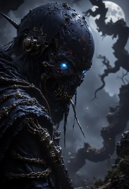A hyper-close shot of a ronin samurai’s face, His hand rests on an unsheathed katana slung over his shoulder. most of it consumed by total darkness. Only his sharp, glowing blue eye and a clear, sinister smirk are visible, the rest of his face hidden in pitch black. A long straw dangles from his lips, adding to the eerie stillness. The background fades into a shadowy, fog-filled forest with twisted, skeletal trees. Cold frost clings to the branches, and a faint moonlight barely illuminates the chilling scene, adding to the heavy, ominous atmosphere.