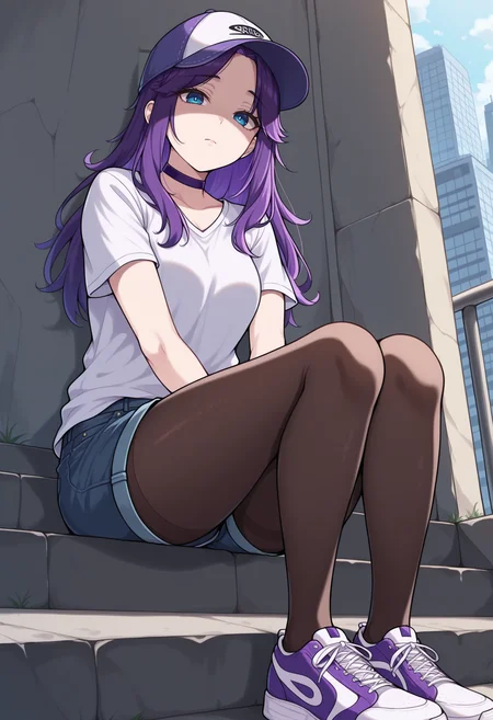 masterpiece, best quality, 1girl, solo, <lora:NSAbigailStardew:1> NSAbigailMisc, blue eyes, purple hair, long hair, parted bangs, purple choker, t-shirt, denim shorts, pantyhose under shorts, pantyhose, sitting, stairs, outdoors, city, sneakers, dutch angle, full body, from below, looking at the viewer, tired, sad, shaded face, expressionless face, baseball cap