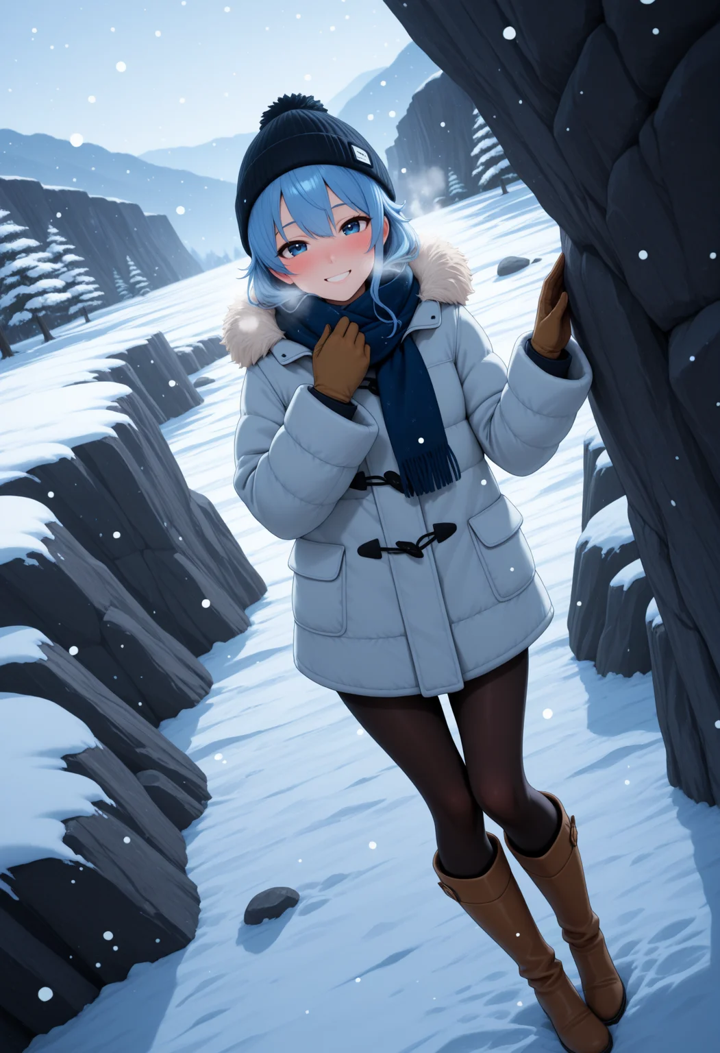 masterpiece, best quality, 1girl, solo, H0sh1mach1Su1se1, blue eyes, blue hair, beanie, scarf, winter clothes, winter coat, fur coat, fur trim, gloves, pantyhose, knee boots, dutch angle, blush, heavy breathing, smile, looking at viewer, outdoors, nature, rock, cliff, snowing, snow, <lora:ChamHoshimachiSuiseiNoob:1>