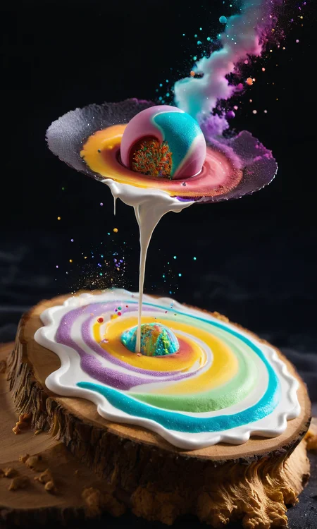 otherworldly dreamscape, edible galaxy, delicate ingredients as floating planets, swirling sauces as ethereal nebulae, soft pastel colors, whimsical atmosphere, magical lighting, sprinkles as distant stars