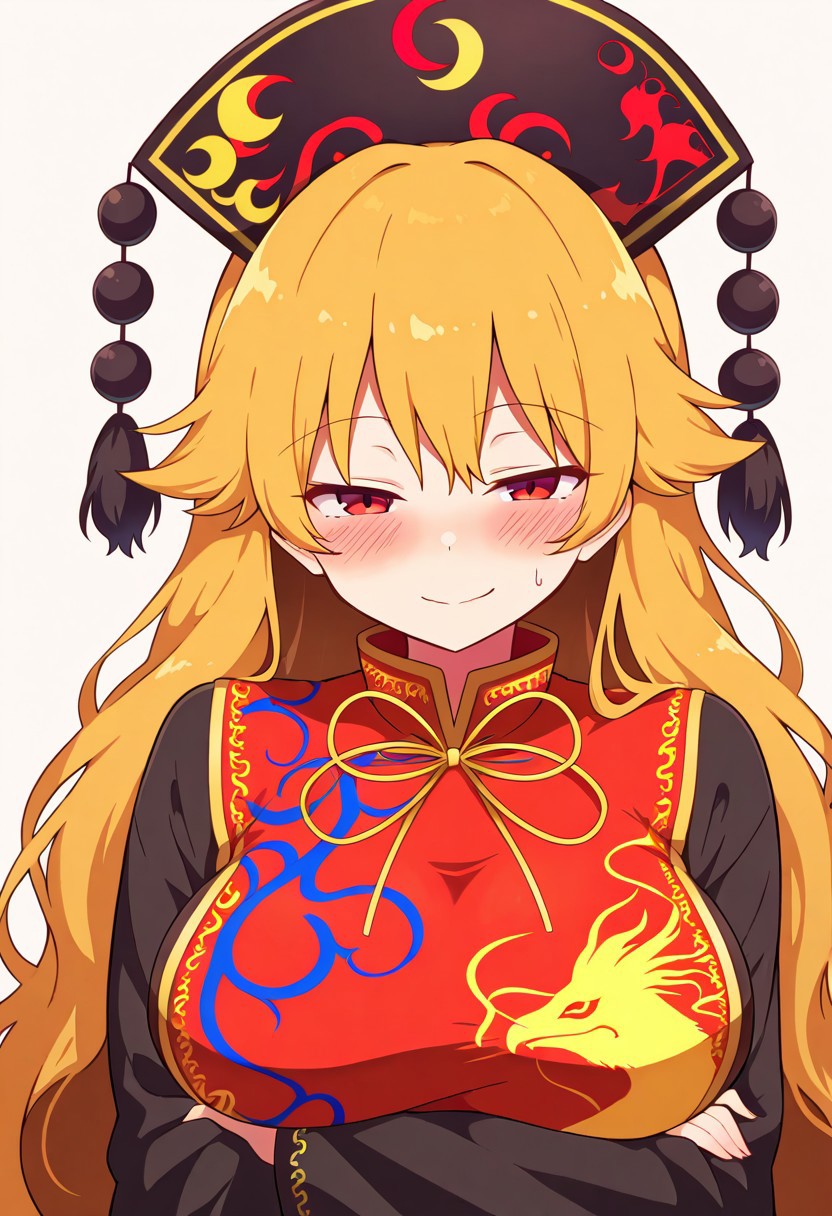 detailed, absurdres, highres, masterpiece, best quality, amazing quality, 1girl, solo, Junko, Touhou, blonde hair, red eyes, long hair, phoenix crown, seductive smile, blush, large breasts, upper body focus