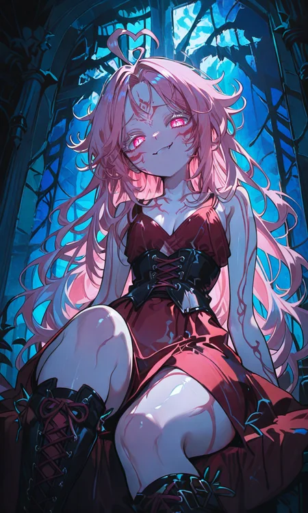 masterpiece,best quality,absurdres,very aesthetic,very awa,highres,newest,year 2024,year 2023,<lora:NLSTN-IL_1412568:1>,nlstn,glowing,dark,<lora:illustrious_quality_modifiers_masterpieces_v1_956369:0.7>,<lora:ponyv4_noob1_2_adamW-000017:0.7>,<lora:spo_sdxl_10ep_4k-data_lora_webui:0.6>,<lora:add-detail-xl:0.9>,<lora:KonyaKarasue-000008:0.4>,<lora:Isha_Illus_XL_1131795:0.6>,ishaILXL,heart ahoge,pink eyes,skinny,multicolored hair,white hair,pink hair,24 yo,24 year old girl,(white eyelashes:1.2),dynamic background,detailed,womb tattoo,dynamic_angle,flat chest,looking at viewer,facial mark,
1girl,solo,messy bangs,cleavage,long hair,medium breasts,(goth:1.1),knee up,stockings, knee boots, straps, laces,strapped boots,red dress,long dress,black corset BREAK mansion,indoors,shiny skin,from below, face focus, close-up:1.4,reclining,hq shading, hq lighting, detailed skin, wide hips:1.2,dutch angle, night, warm light:1.2,(smug:1.1),