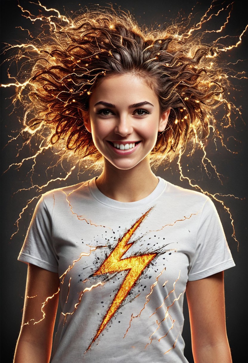 Buzz211, 1girl, beautiful, smiling, white T shirt with a lightning bolt symbol, hair made of electricity, best quality, extremely high detailed, masterpiece