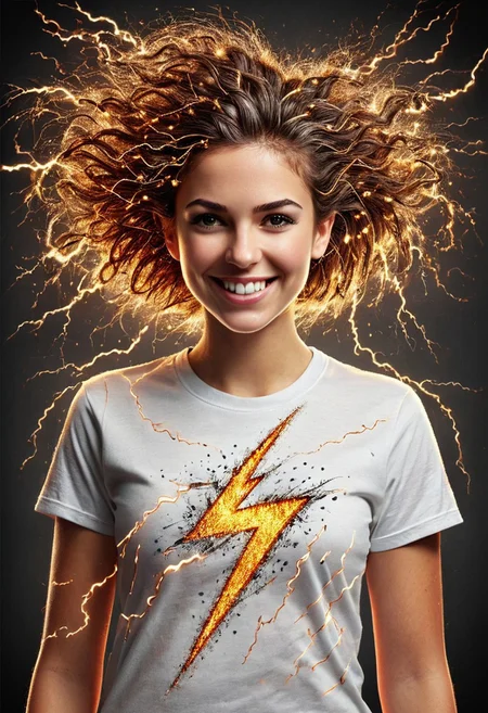 Buzz211, 1girl, beautiful, smiling, white T shirt with a lightning bolt symbol, hair made of electricity, best quality, extremely high detailed, masterpiece