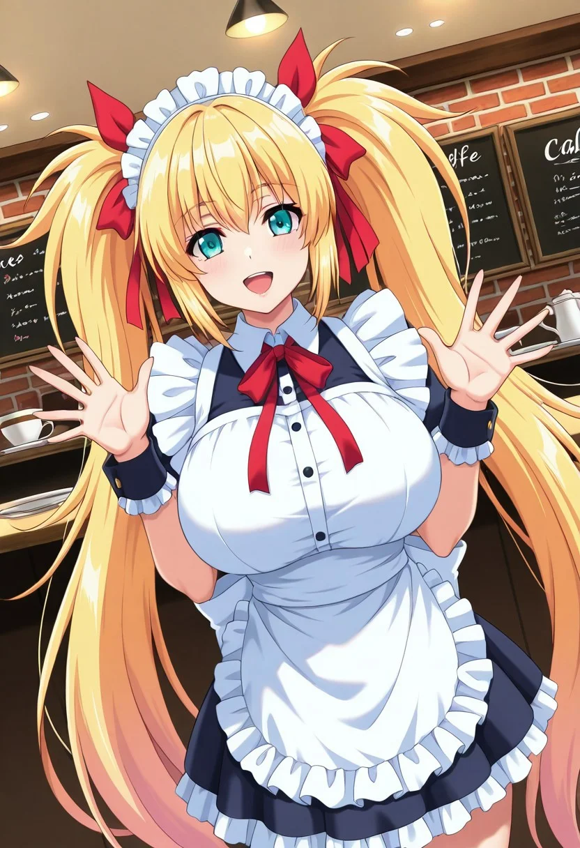 general,highres, ultra-detailed,very aesthetic,best quality ,best hands,best eyes,easynegative,
dynamic anglre, dutch angle, anime cloring,
1girl solo,looking at viewer,indoors,cafe,smile,open mouth, waving hand,cowboy shot,
Natsuho IKEGUCHI,yellow_hair, aqua eyes, huge_breasts, long_twintails, hair ribbon, red ribbon, maid headdress,maid costume