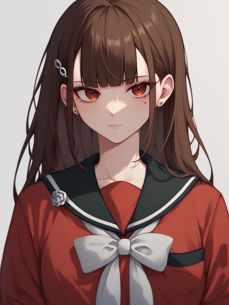 score_9,score_8_up,score_7_up,<lora:danganronpa_all:1>,1girl, character: harukawa maki, solo, upper body, closed mouth, mole under eye, alternate hairstyle, brown hair, long hair, hairclip, breast pocket, red shirt, school uniform, black sailor collar, grey bowtie, absurdres, highres