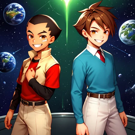 score_9,score_8_up,score_7_up,score_6_up,score_5_up,score_4_up BREAK hokuto kusanagi,ginga izumo,multiple boys,2boys,male focus,back-to-back,smile,necktie,grin,blue shirt,cropped jacket,short over long sleeves,red t-shirt,brown pants,black shirt,open mouth,belt,green background,pants,<lora:GearFighterV1-3:1>,space,from_side,