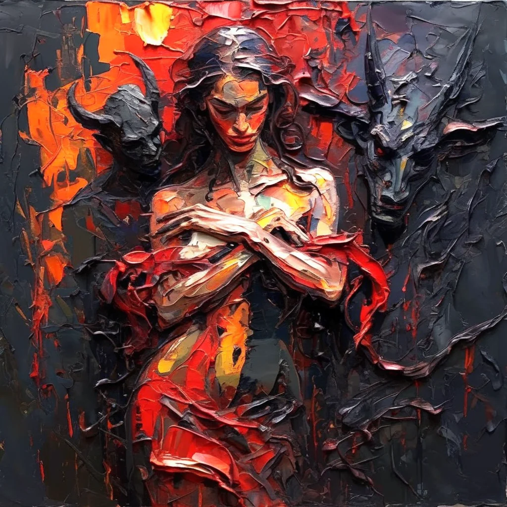 impasto goddess Lilitch in arms with the devil, dark atmosphere, gate of hades in the background <lora:impasto:1>