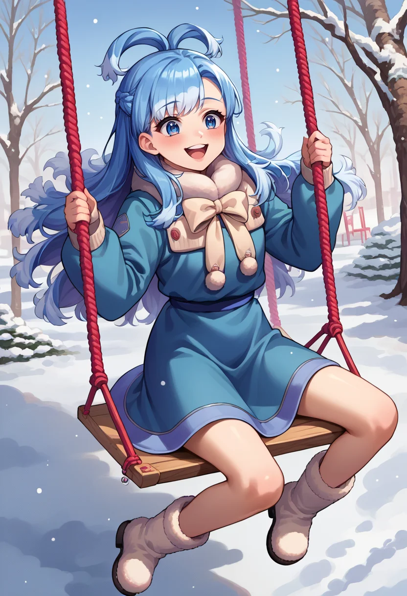 score_9, score_8_up, source_anime, 1girl, solo, KoboKanaeru, blue eyes, long hair, blue hair, colored tips, swing, swing set, playground, winter, snow, happy, laughing, blush, blue dress, winter boots, <lora:Char-KoboKanaeruPonyXL:1>