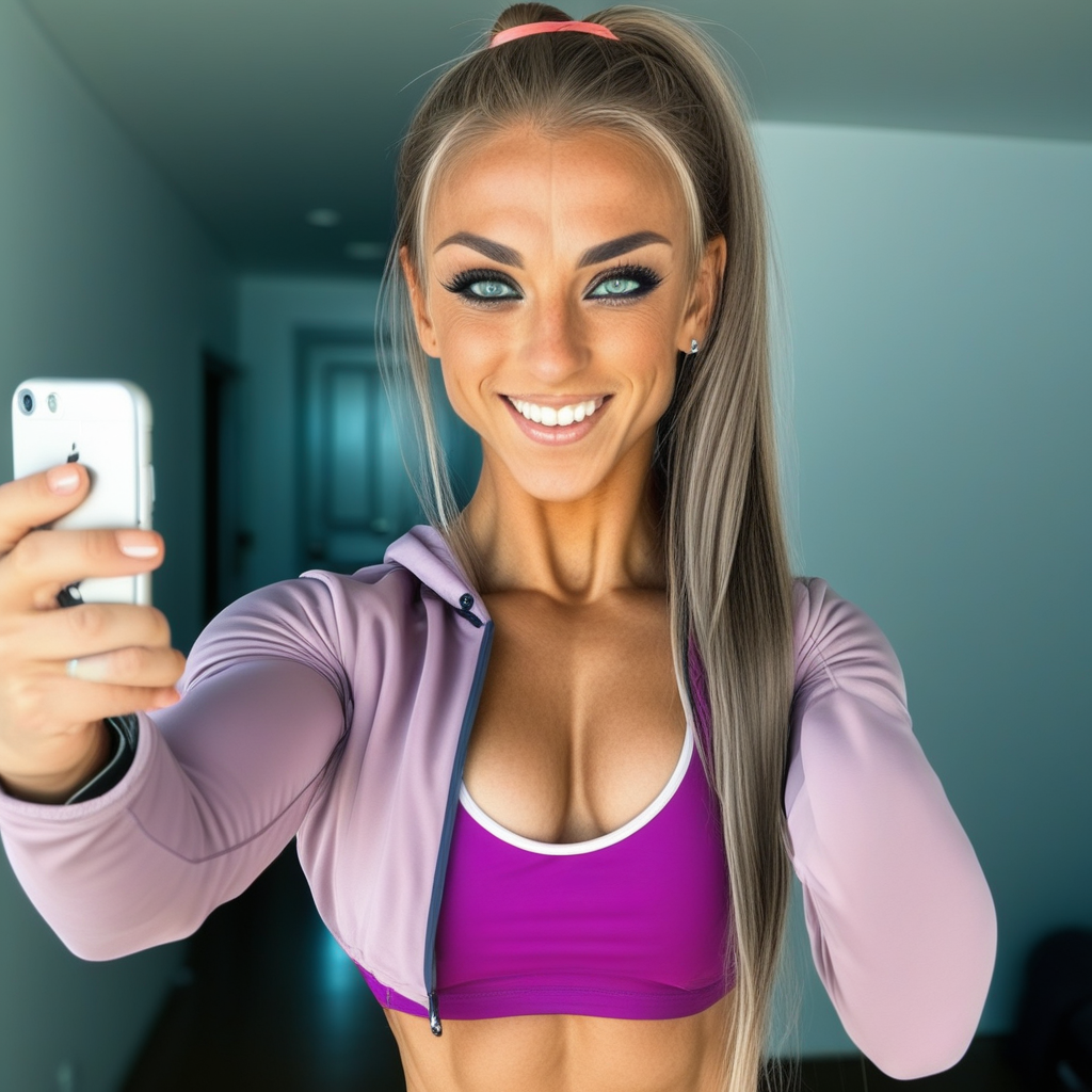 1girl, green eyes, selfie, bikini, smile, ponytail, long hair, athletic woman, standing, abs, jacket, armpits, grey eyes
