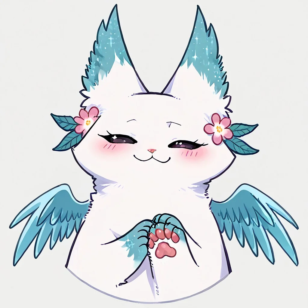 Minto, white fur, black sclera, black eyes, pink nose, paws, tail, turquoise edges at the ears, wings