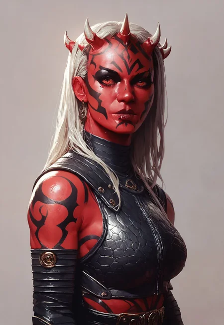 (score_9, score_8_up), score_7_up, AH_Hayez oil painting portrait, female Dathomirian red Zabrak alien wearing jedi robes over heavy armor, many small white horns