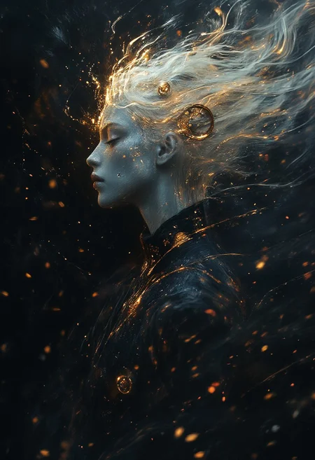 Aura Obscura, set against a backdrop of swirling shadows, an albino woman with pale, almost luminescent skin and a faint blue tint stands poised like a mythical figure. The steampunk aesthetic envelops her, with elaborate gold gears and cogs artistically integrated across her face and neck, lending an otherworldly quality. Her serious expression and large, round goggles conceal her eyes, suggesting depth and story beneath the surface. The scene is drenched in a moody atmosphere, with a pronounced light source from the left side creating a dramatic interplay of light and darkness, accentuating the gleam of metal and the softness of her skin, making the entire composition a striking blend of elegance and mystery.  <lora:xjie_Black gold:0.4>  <lora:Fantasy Flux:0.4> <lora:Don't Stop Me Now:0.4> d0ntst0pm3n0w