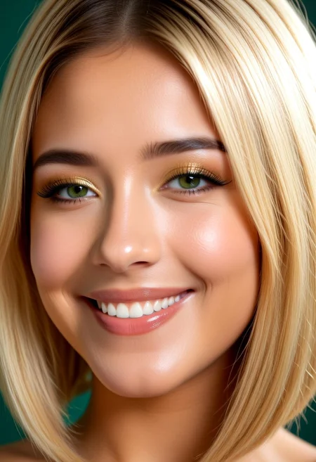(masterpiece:1.3), (best quality:1.3), (ultra-detailed:1.3), 8K, high resolution, volumetric lighting, hyperrealistic, skin texture, beautiful, BREAK 1girl, close-up, portrait, egyptian teen girl, 18 years old, golden olive skin, sleek asymmetrical bob haircut, blonde hair with gold highlights, bold cat-eye eyeliner, full lips with gloss, perfect glowing skin, emerald green eyes, confident smile, high detail, photorealistic, volumetric lighting, solo