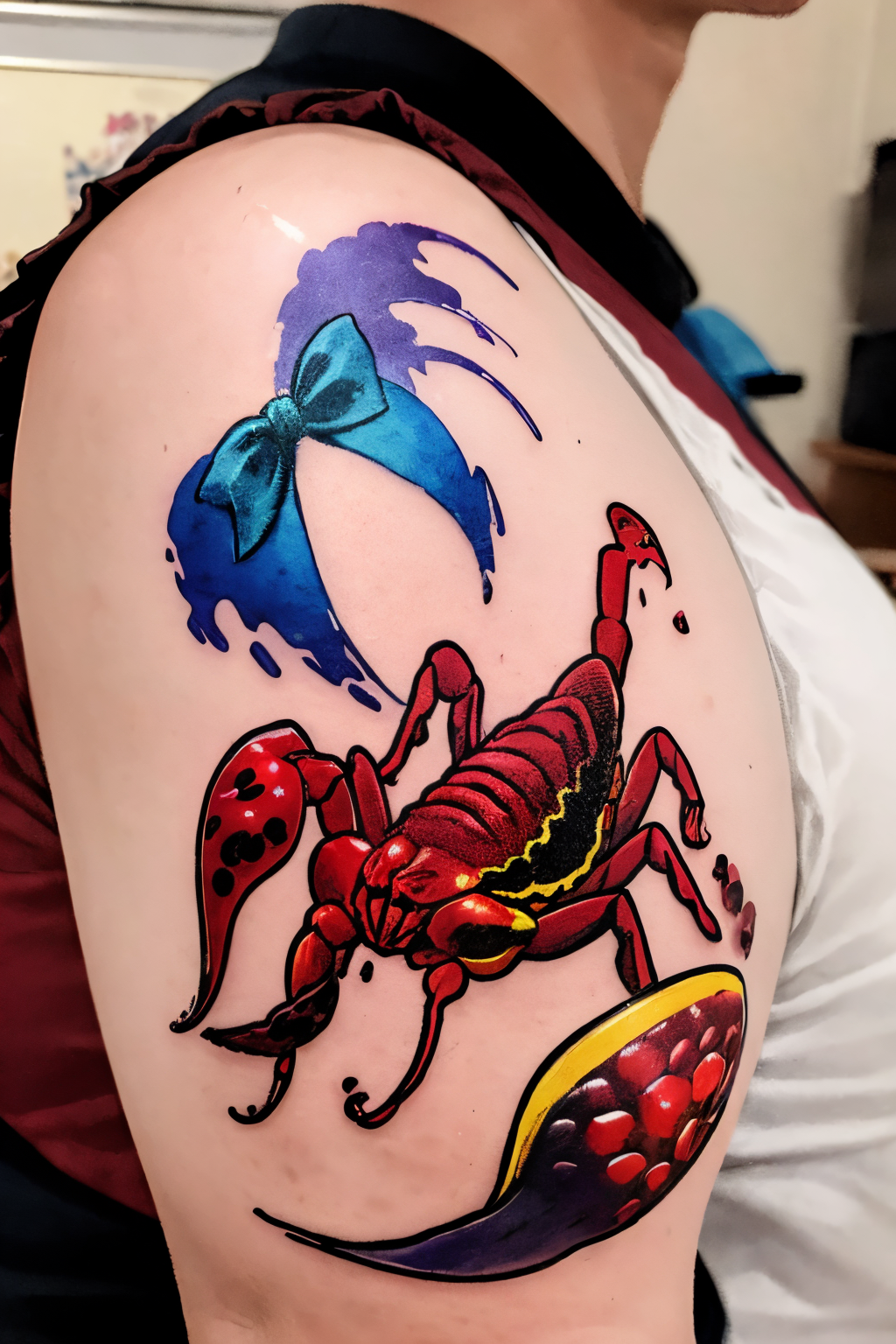 (Realistic:1.5) EdobScorpion, acrylic paint (medium), long sleeves, creature, hair bow, sun, blood, fruit, monochrome, white outline, male focus, new year,  <lora:EdobScorpionArtistic_v1.0:0.8>