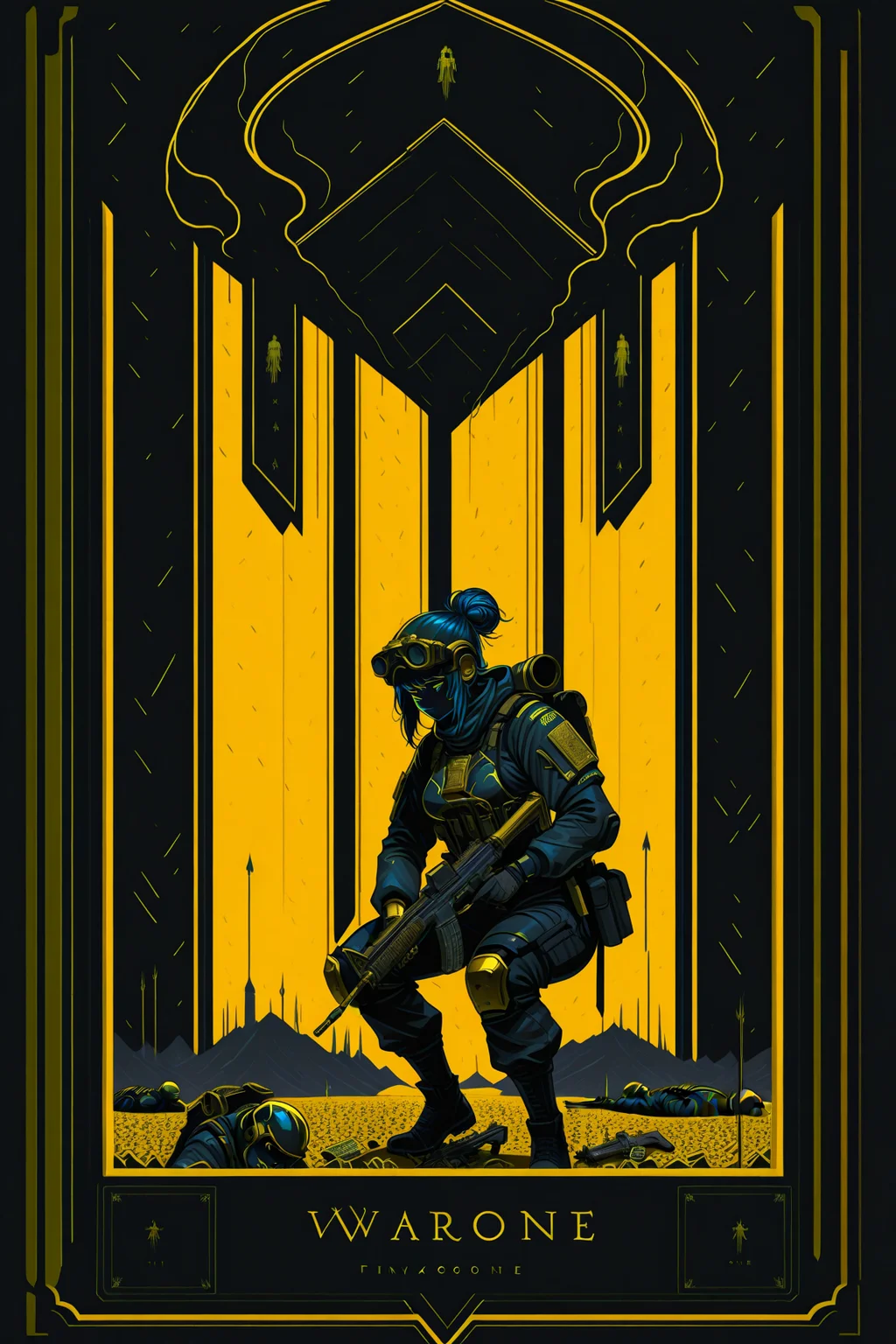 tarot card with golden inlay, 1girl, heavy assault rifle, crouched, soldier, warzone, finlay, surreal, abstract, gold lines