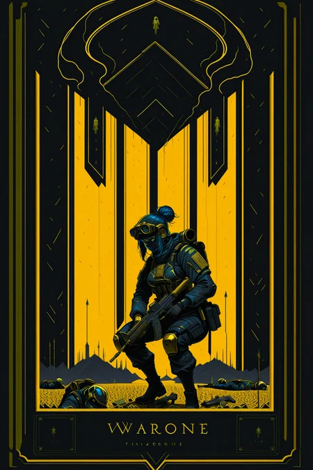 tarot card with golden inlay, 1girl, heavy assault rifle, crouched, soldier, warzone, finlay, surreal, abstract, gold lines