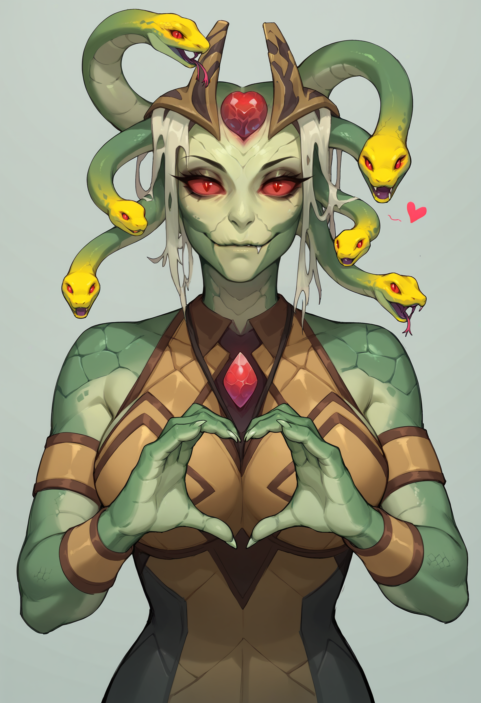 score_9, score_8_up, score_7_up, score_6_up, score_5_up, score_4_up, 1girl <lora:MedusaDota2:0.8> solo, large breasts, green skin, colored skin, red eyes, colored sclera, glowing, snake, snake hair, scales, monster girl, smile, heart hands, looking at viewer, upper body,
bedroom background,