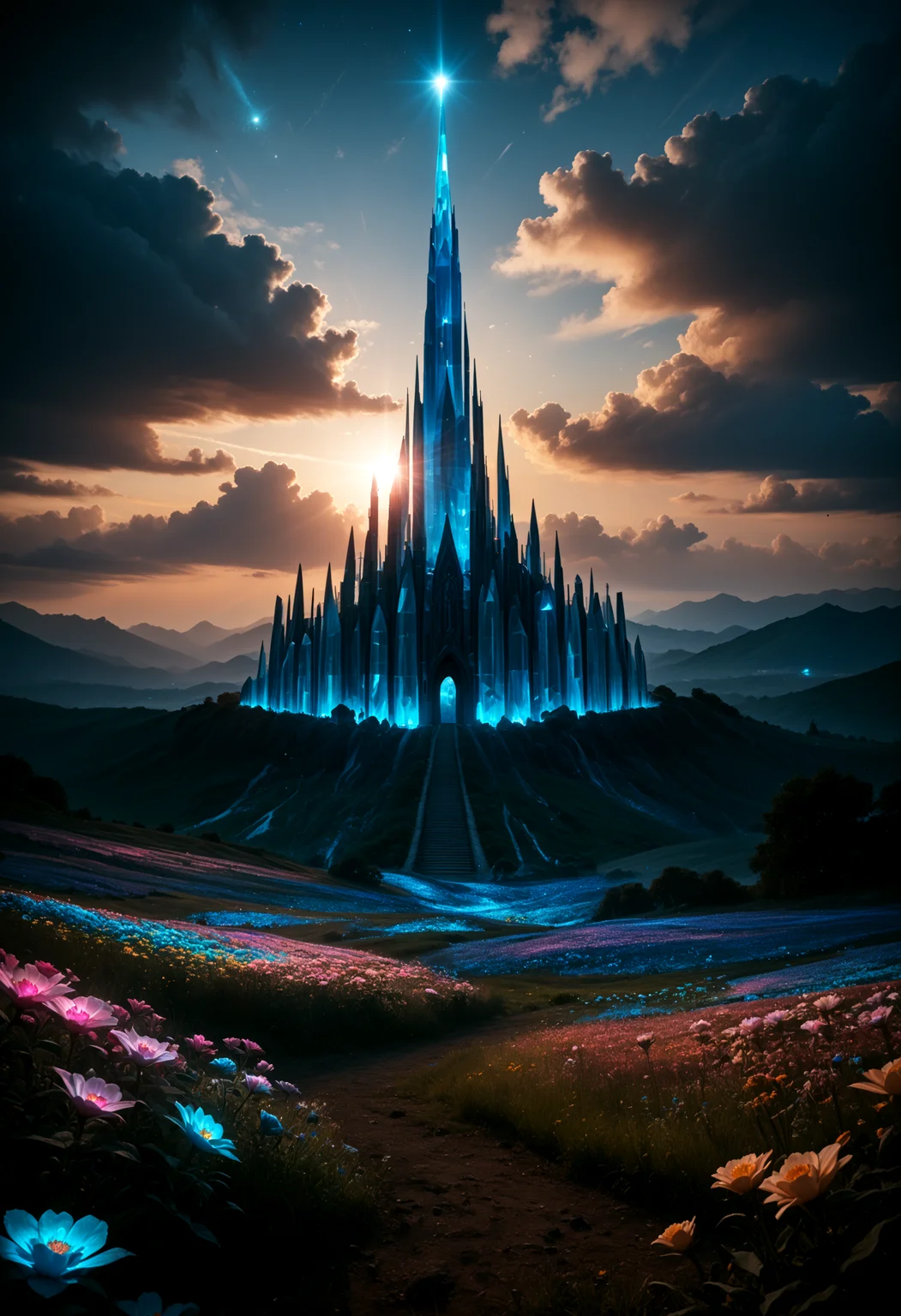 an massive shiny crystal glass tower in an ethereal alien landscape surrounded by glowing flowers crystals, a sapphire sky with dark clouds looming above, 4kPhoto_PDXL BREAK PonyXLV6_Scores