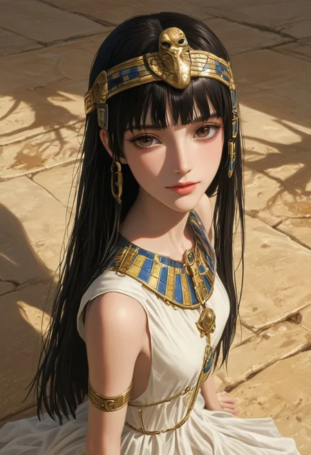 score_9, score_8_up, score_7_up, score_6_up, score_5_up, score_4_up, sharp focus,
high angle view,
petite egypt woman, long black hair, brown eyes, 
slim face, almond eyes, 
beautiful face, realistic face, detailed face, 
egypt attire, headdress,
sad smile, 
detailed background, sharp background, lush canyon,
OverallDetail,
