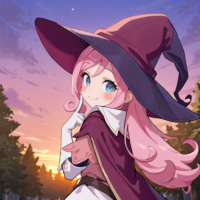 masterpiece, very aesthetic, absurdres, best quality, amazing quality, high resolution, <lora:illustrious_quality_modifiers_masterpieces_v1:0.8> , <lora:ChamIllustriousBackgroundEnhancer:0.5>,  solo, <lora:PamelaIL:0.7> , pamdef, 1girl, pink hair, long hair, blue eyes, witch hat, witch outfit, white skirt,  white elbow gloves, cape, blush stickers, smile, looking at viewer, evening, trees, ((face, close-up)), portrait