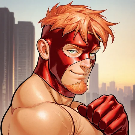 masterpiece, best quality, absurdres, newest, perfect quality, best quality, absolutely eye-catching, detailed background, intricate details, bara, 1boy, male, male focus, solo, short hair, ginger hair, chin beard, green eyes, red gloves, red mask, mouth exposed, bara, muscular, large pectorals, large biceps, looking at viewer, face close-up, portrait, looking at viewer, side view, smirk, city scenery, daytime, very awa, best quality, absurdres, newest, perfect quality, detailed background, intricate details, (artist:rokudenashi:0.8), (artist:dizdoodz:0.7), (artist:gomtang:0.6)