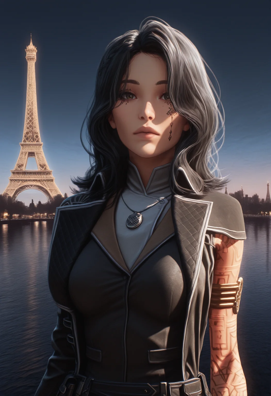 masterpiece, best quality, amazing quality, 1girl, <lora:lune_illustrious_byJaneB:1>, lun3e33,
facial tattoo, arm tattoo, coat, single glove, paris, eiffel tower, upper body, armlet, necklace, vivid colors, sharp