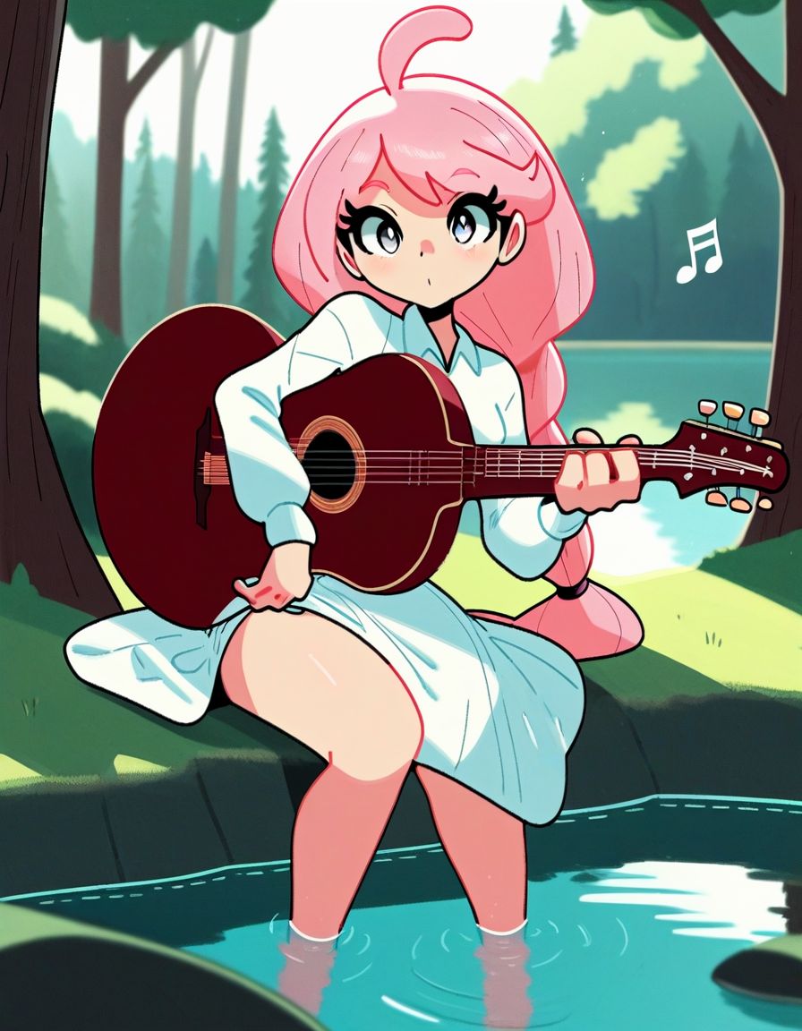 score_9,score_8_up,score_7_up, BREAK  ,   by (mmov),  silver eyes, , pink hair, long hair, ahoge, braid, solo, playing instrument, sitting , one outstretched leg, musical note, in a forest , trees , lake ,white dress , looking at viewer,