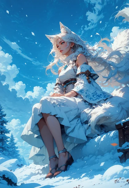 (score_9, score_8_up), score_7_up, zPDXL, solo,  <lora:PonyMythAn1m3V2:0.8>, arctic fox ears,white dress,1girl,solo,blue sky background with cloud,ground view,by potg,white long hair,full body,sitting in the snow,