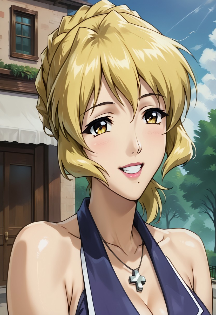 SCORE_9, SCORE_8_UP, SOURCE_ANIME, REALISTIC, CLOSE-UP, HEAD FOCUS, PORTRAIT, BREAK,1 FEMALE, MEGUMI WAKAO, BLONDE HAIR, AMBER EYES, MOLE UNDER MOUTH, HAPPY, BLAZER DRESS, BARE SHOULDERS, ARMS, LARGE BREASTS, CLEAVAGE, CROSS NECKLACE, BREAK, OUTSIDE, AT PARK, BLUE SKY, SUNSHINE, HIGH RESOLUTION, VIVID TEXTURES