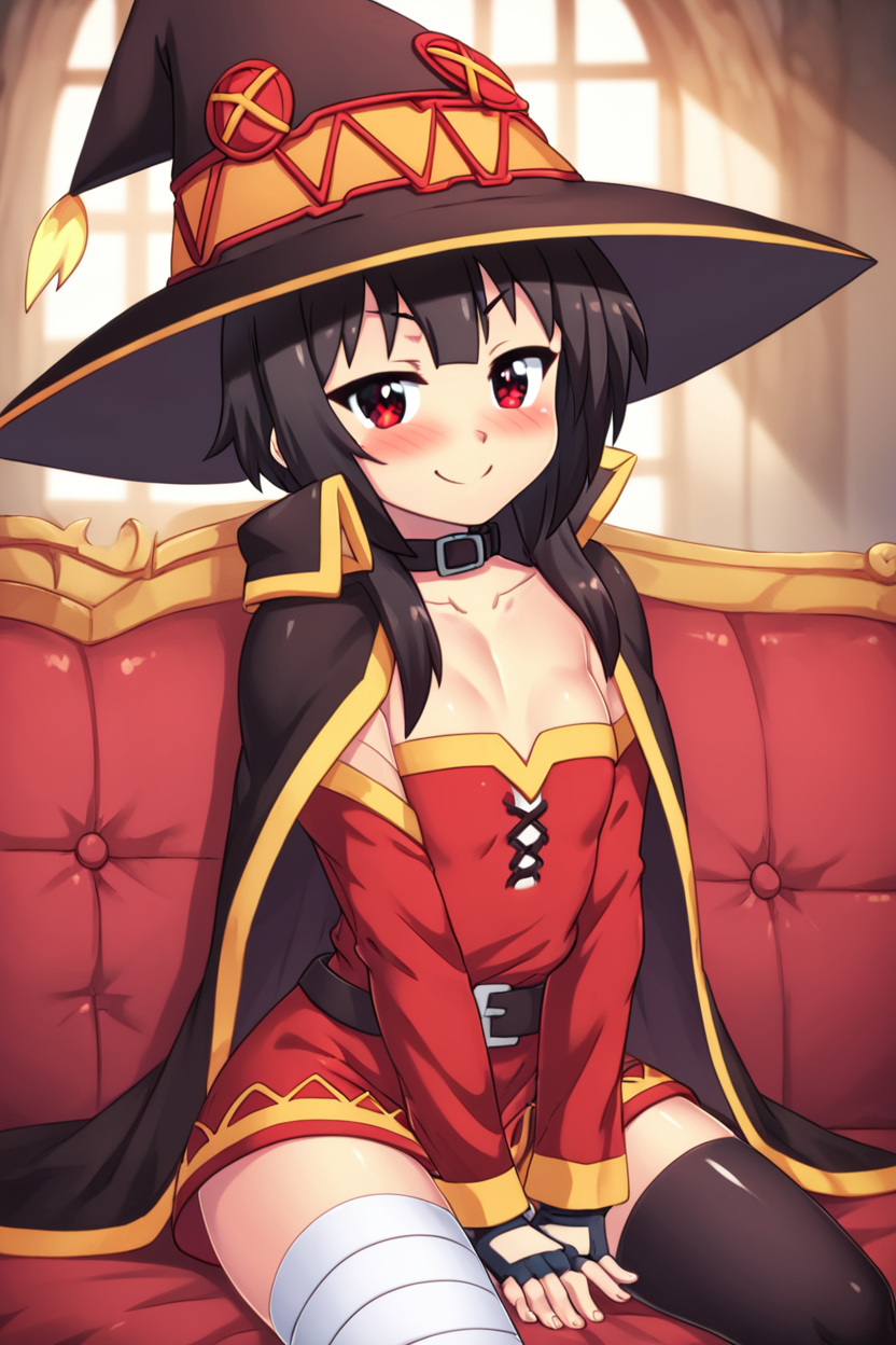 score_9, score_8_up, score_8, medium breasts, (curvy), cute, eyelashes,       BREAK, , BREAK, <lora:konosuba-megumin-s2-ponyxl-lora-nochekaiser:0.7>, megumin, short hair, black hair, red eyes, short hair with long locks, thighhighs, gloves, hat, dress, black gloves, belt, black thighhighs, fingerless gloves, cape, collar, witch hat, bandages, red dress, single thighhigh, asymmetrical legwear, bandaged leg,, ,,, hand between legs, blush, smug,  ,,,  smile, looking at viewer, blush, blurry, couch, sitting,   ,,, <lora:HaseYu_PDXL:0.8>, ,,,, BREAK,  smile, looking at viewer, cowboy shot,  embedding:zPDXL, Expressiveh, <lora:SDXLFaeTastic2400:0.5>,  <lora:Expressive_H-000001:0.4>,