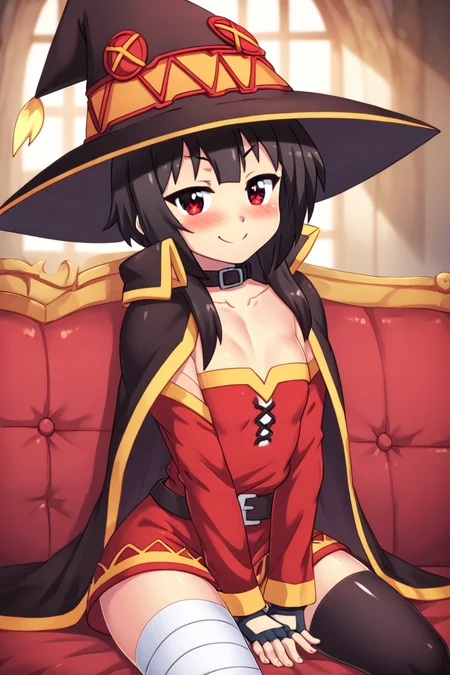 score_9, score_8_up, score_8, medium breasts, (curvy), cute, eyelashes, BREAK, , BREAK, <lora:konosuba-megumin-s2-ponyxl-lora-nochekaiser:0.7>, megumin, short hair, black hair, red eyes, short hair with long locks, thighhighs, gloves, hat, dress, black gloves, belt, black thighhighs, fingerless gloves, cape, collar, witch hat, bandages, red dress, single thighhigh, asymmetrical legwear, bandaged leg,, ,,, hand between legs, blush, smug, ,,, smile, looking at viewer, blush, blurry, couch, sitting, ,,, <lora:HaseYu_PDXL:0.8>, ,,,, BREAK, smile, looking at viewer, cowboy shot, embedding:zPDXL, Expressiveh, <lora:SDXLFaeTastic2400:0.5>, <lora:Expressive_H-000001:0.4>,