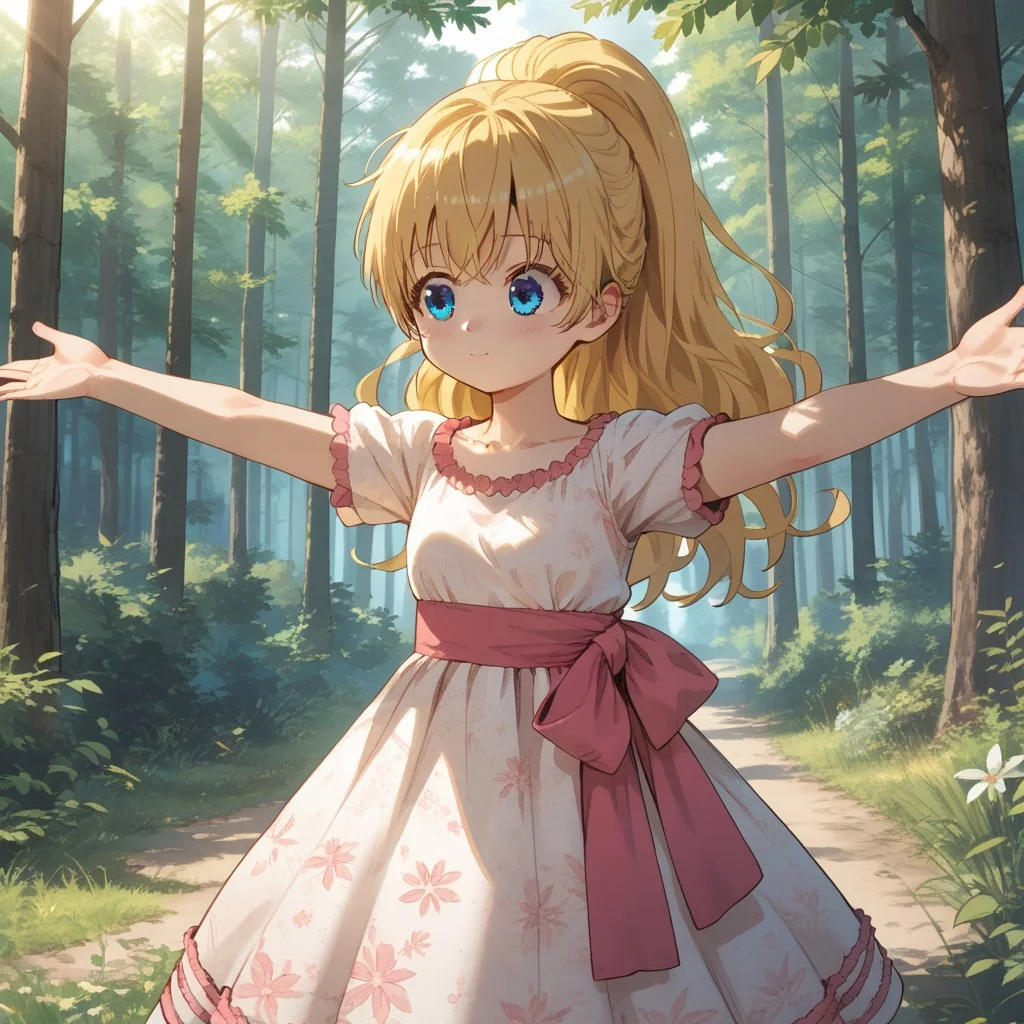score_9, score_8, score_7, Break, cute, athanasia, blonde hair, long hair, blue eyes, dress, ponytail, outdoors, forest, outstretched arms, sunlight, natural lighting