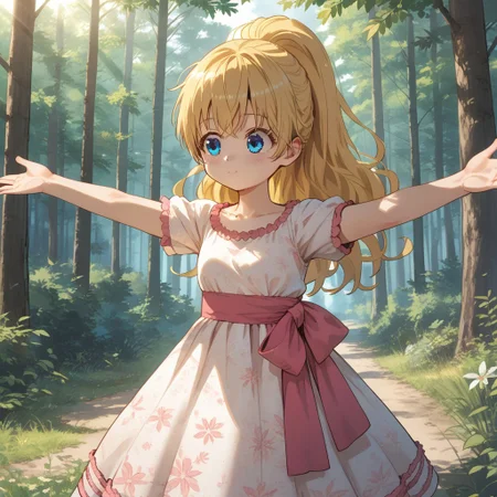 score_9, score_8, score_7, Break, cute, athanasia, blonde hair, long hair, blue eyes, dress, ponytail, outdoors, forest, outstretched arms, sunlight, natural lighting