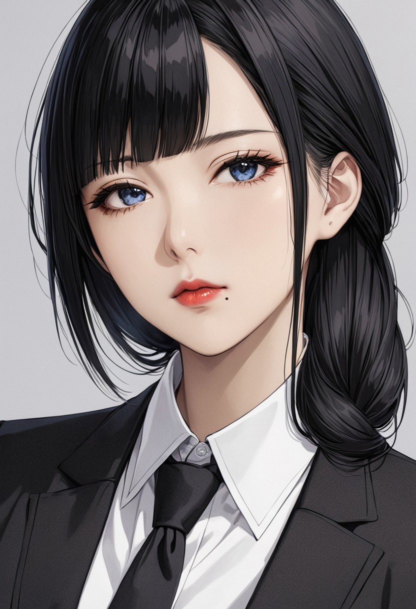 embedding:urn:air:sd1:embedding:civitai:222256@250708, (anime, masterpiece, intricate:1.3), (best quality, hires textures, high detail:1.2), (4k),(incredibly detailed:1.4), perfect anatomy, slim, pointed nose, (nostrils:1.3), long hair, blue eyes, black hair, bangs, blunt bangs,  mole under mouth, nyotengu, full body, medium breasts, office lady, eyeliner, red lipstick, charming look, languid look, mole near mouth, tie, half-closed eyelids, villainess, eye shadow,