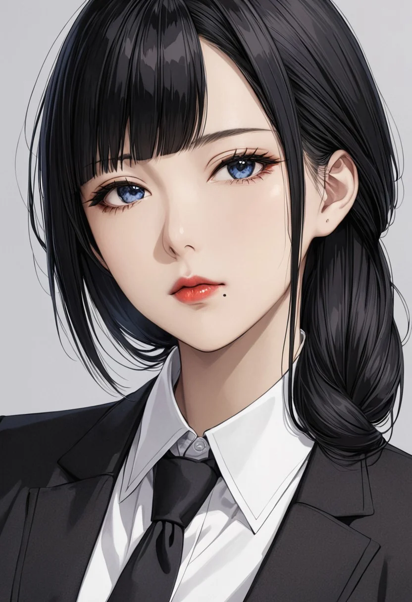 embedding:urn:air:sd1:embedding:civitai:222256@250708, (anime, masterpiece, intricate:1.3), (best quality, hires textures, high detail:1.2), (4k),(incredibly detailed:1.4), perfect anatomy, slim, pointed nose, (nostrils:1.3), long hair, blue eyes, black hair, bangs, blunt bangs,  mole under mouth, nyotengu, full body, medium breasts, office lady, eyeliner, red lipstick, charming look, languid look, mole near mouth, tie, half-closed eyelids, villainess, eye shadow,