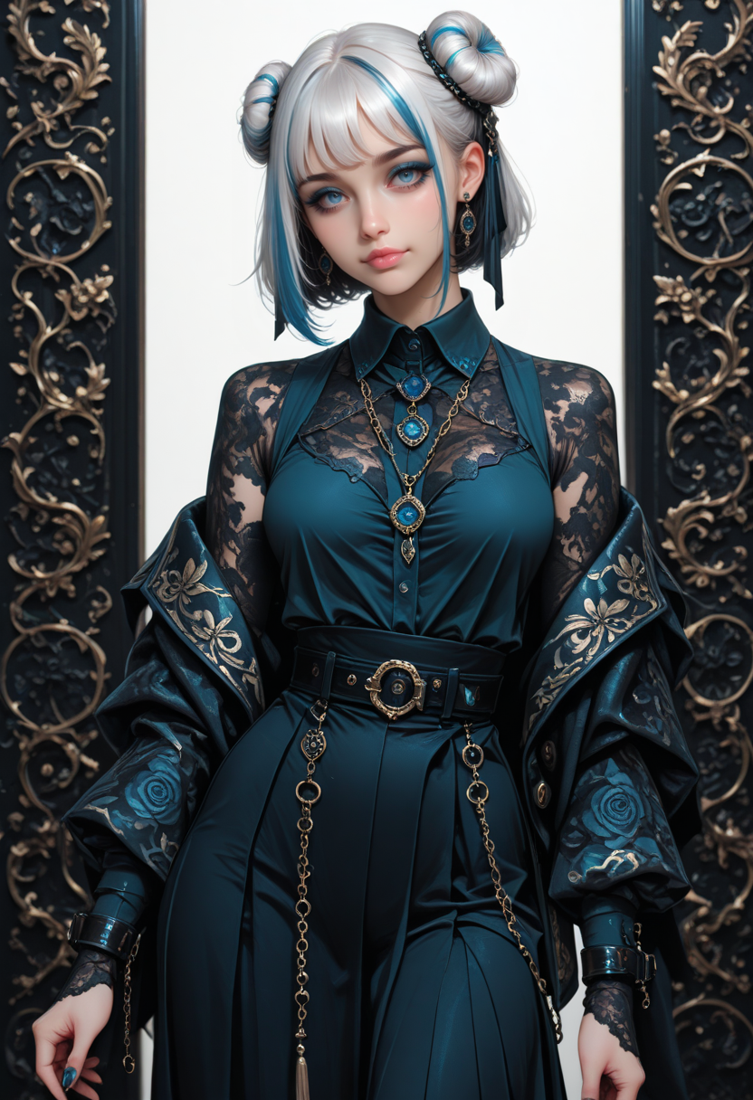 8K, depth of field, dynamic angle, sexy pose, best quality, detailed eyes, perfect eyes, realistic eyes, short hair, white hair, hair bangs, blue highlights, blue eyes, thick eyebrows, black eyebrows, blue eyeshadow, pink lips, full lips, fit body, The woman is attired in an outfit that blends traditional Asian design elements with modern sensibilities. She wears a white, high-collared blouse, the texture of which appears to be fine, and a skirt of a similar shade. A black, wide belt cinches her waist, embellished with a decorative chain that dangles to her lower torso, culminating in a pendant. Over her shoulders, she drapes a dark, ornate jacket with intricate golden patterns along the lapels and cuffs, accentuating the figureâs poise. The overall effect is one of opulence and cultural richness.Her dark hair is styled in a manner that incorporates traditional elements, with two buns placed high atop her head and a cascade of long, loose strands that fall around her shoulders. hair is adorned with intricate hair accessories. The earrings she wears are similarly ornate. nails are painted a dark color.Hanging in the air are multiple strings, perhaps representing a symbolic connection with the dragon or serving as a decorative element. adorned with intricate hanging ornaments, further enhancing the opulence of the composition.The figure is predominantly rendered in shades of black, evoking a sense of mystery and otherworldliness, set against a pale, almost featureless background that accentuates its form, small ass, small breast, realistic breast, , , BREAK, feet_together,  front view, looking at viewer, movie perspective, white background, abstract background, <lora:MoriiMee_Gothic_Niji_Style_Illustrious_r1:0.7> artist:moriimee,  <lora:PowerPuffMixLora:0.5>,  <lora:Detailer_NoobAI_Incrs_v1:1> detailed,