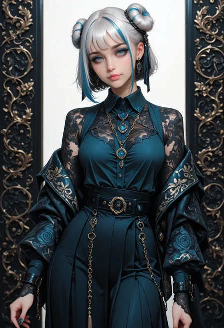 8K, depth of field, dynamic angle, sexy pose, best quality, detailed eyes, perfect eyes, realistic eyes, short hair, white hair, hair bangs, blue highlights, blue eyes, thick eyebrows, black eyebrows, blue eyeshadow, pink lips, full lips, fit body, The woman is attired in an outfit that blends traditional Asian design elements with modern sensibilities. She wears a white, high-collared blouse, the texture of which appears to be fine, and a skirt of a similar shade. A black, wide belt cinches her waist, embellished with a decorative chain that dangles to her lower torso, culminating in a pendant. Over her shoulders, she drapes a dark, ornate jacket with intricate golden patterns along the lapels and cuffs, accentuating the figureâs poise. The overall effect is one of opulence and cultural richness.Her dark hair is styled in a manner that incorporates traditional elements, with two buns placed high atop her head and a cascade of long, loose strands that fall around her shoulders. hair is adorned with intricate hair accessories. The earrings she wears are similarly ornate. nails are painted a dark color.Hanging in the air are multiple strings, perhaps representing a symbolic connection with the dragon or serving as a decorative element. adorned with intricate hanging ornaments, further enhancing the opulence of the composition.The figure is predominantly rendered in shades of black, evoking a sense of mystery and otherworldliness, set against a pale, almost featureless background that accentuates its form, small ass, small breast, realistic breast, , , BREAK, feet_together,  front view, looking at viewer, movie perspective, white background, abstract background, <lora:MoriiMee_Gothic_Niji_Style_Illustrious_r1:0.7> artist:moriimee,  <lora:PowerPuffMixLora:0.5>,  <lora:Detailer_NoobAI_Incrs_v1:1> detailed,