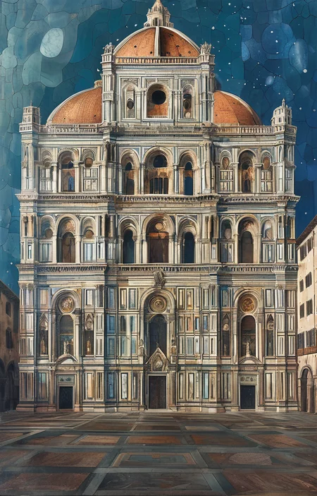 masterpiece,best quality,<lora:tbh302-sdxl:0.9>,illustration,designed by Filippo Brunelleschi Gothic revival cathedral with intricate spires and stained glass windows, bathed in moonlight